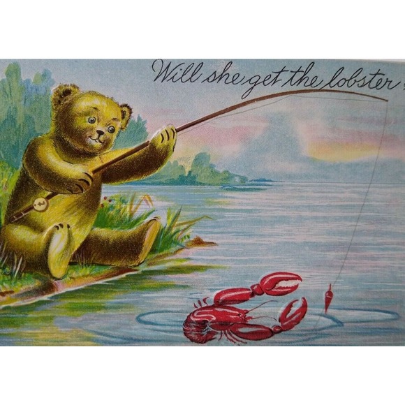 Will She Get The Lobster Brown Bear Fishing Fantasy Postcard Original Antique - Picture 1 of 3